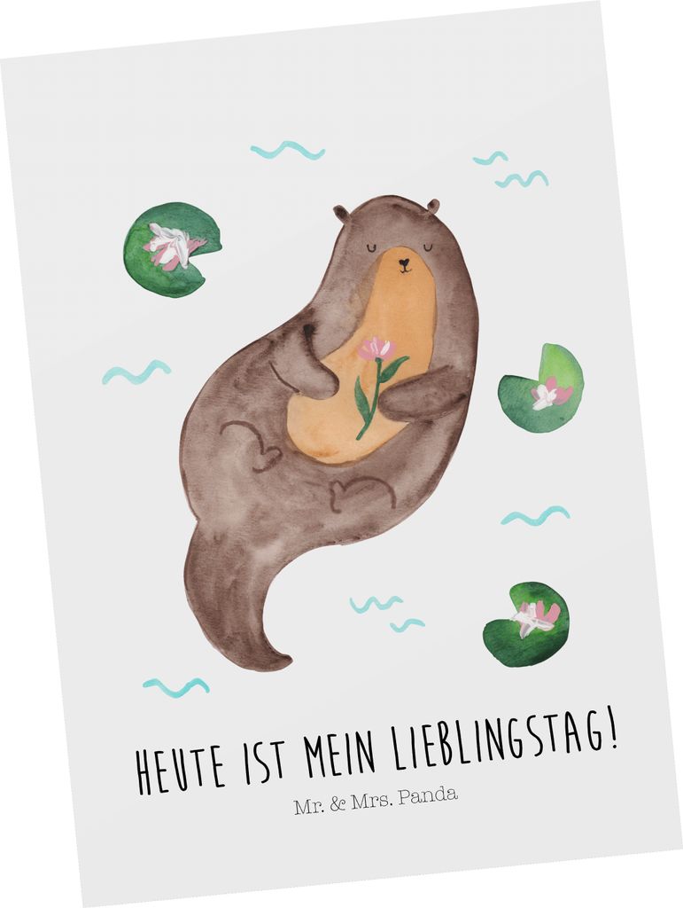 Mr. & Mrs. Panda Postkarte Otter Seerose - Weiß - Geschenk, Lieblingstag, Fluss, Grußkarte, Ansichtskarte, Postkarten, Wasser, bildkarte, Fotokar...