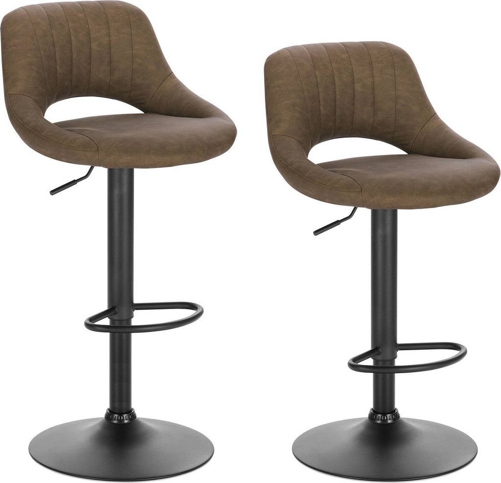 Two brown bar stools are shown against a white background.