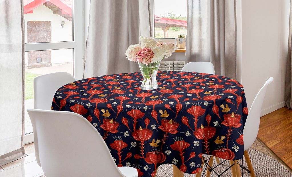 ABAKUHAUS Jacobean Runde Tischdecke, Blühende Blumen und Vögel, Kreis Tischdecke Abdeckung für Esszimmer Küche Dekoration, 150 cm, Indigo Vermi...
