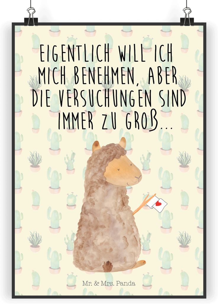 Mr. & Mrs. Panda Bild Alpaka Fahne DIN A5 - Kaktus Grün - Geschenk, Posterdruck, Lama, Alpakas, Liebe, Kunstdruck, wanddeko, Lamas, Wandbild, drucke
