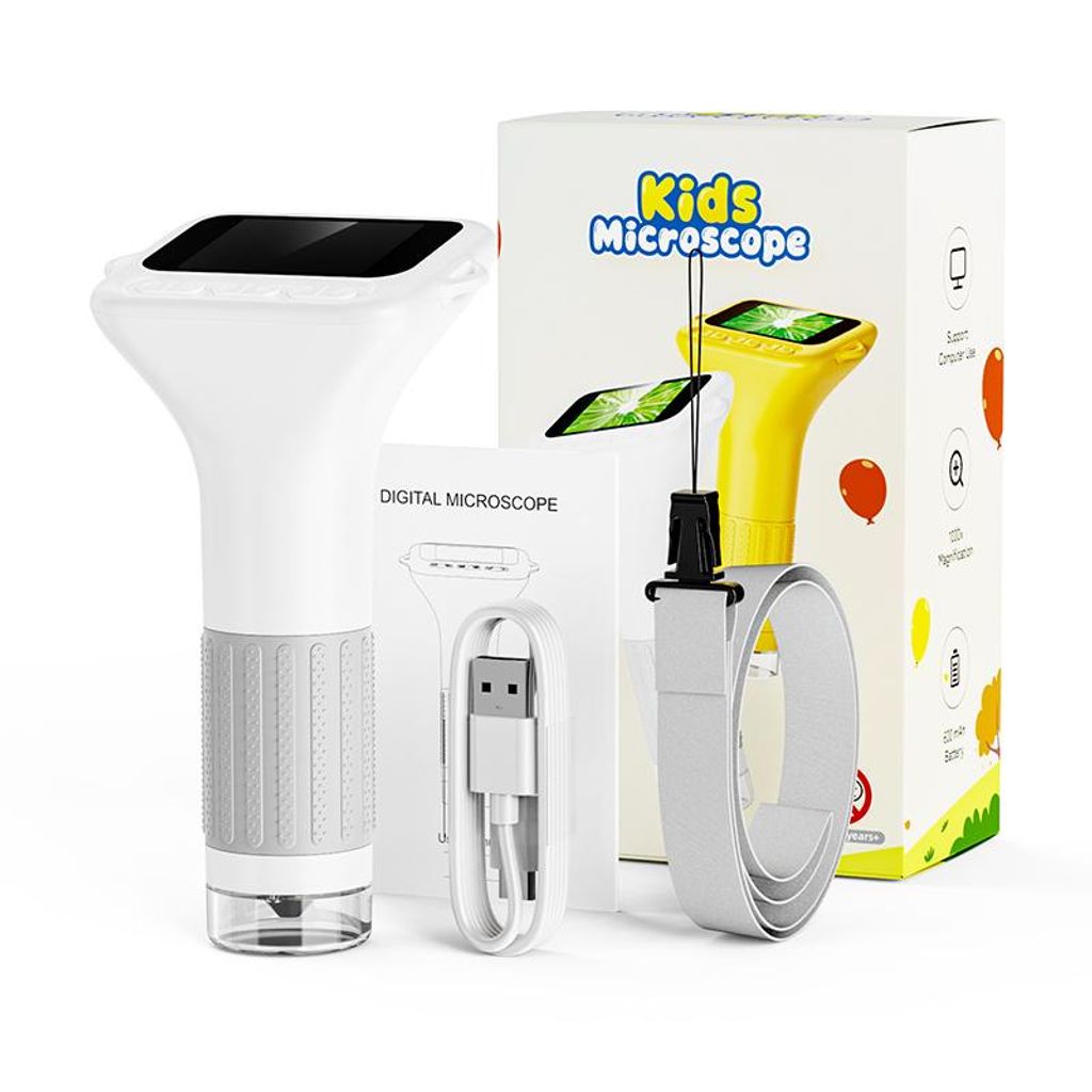 Kindermikroskop, 2-Zoll-IPS-Bildschirm, 1000-faches digitales Handmikroskop, tragbare HD-Taschen-Mini-USB-Mikroskopkamera, mit digitalem HD-Bildschirm