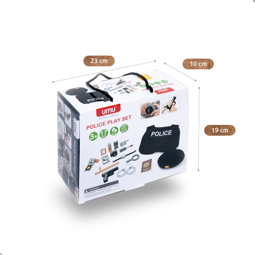 A product box for a police play set, with dimensions indicated.