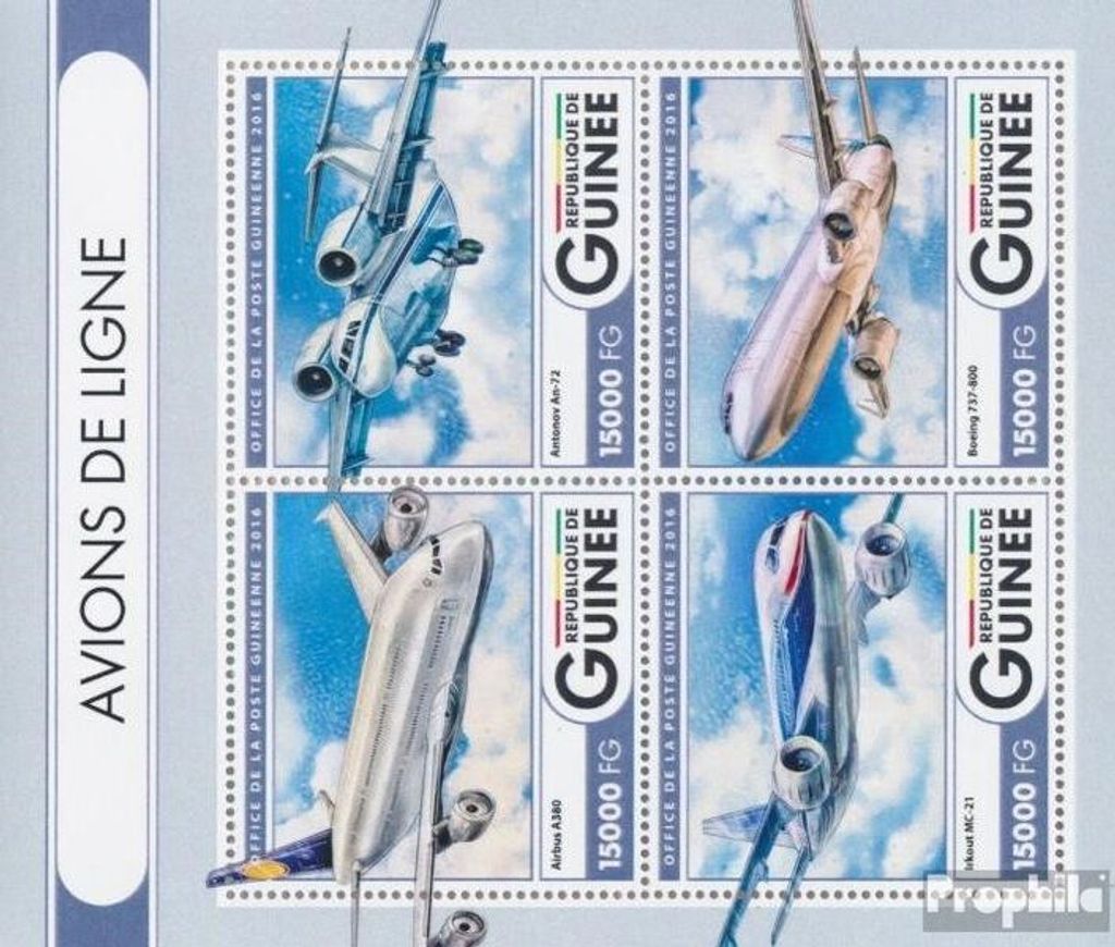Briefmarken Guinea 2016 Mi 12096-12099 Kleinbogen (kompl. Ausgabe) postfrisch Verkehrsflugzeuge