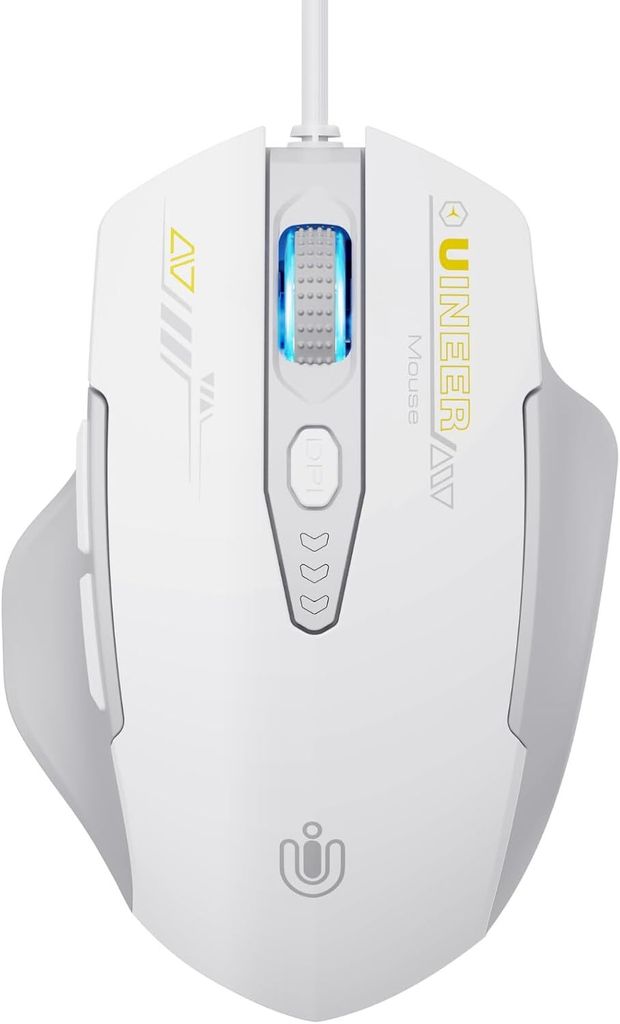 Maus Mit Kabel, ergonomisches Design, bis zu 7200 DPI einstellbar mit 6 Tasten, Computer Maus PC Laptop Computer,Plug & Play,Grau und Weiß