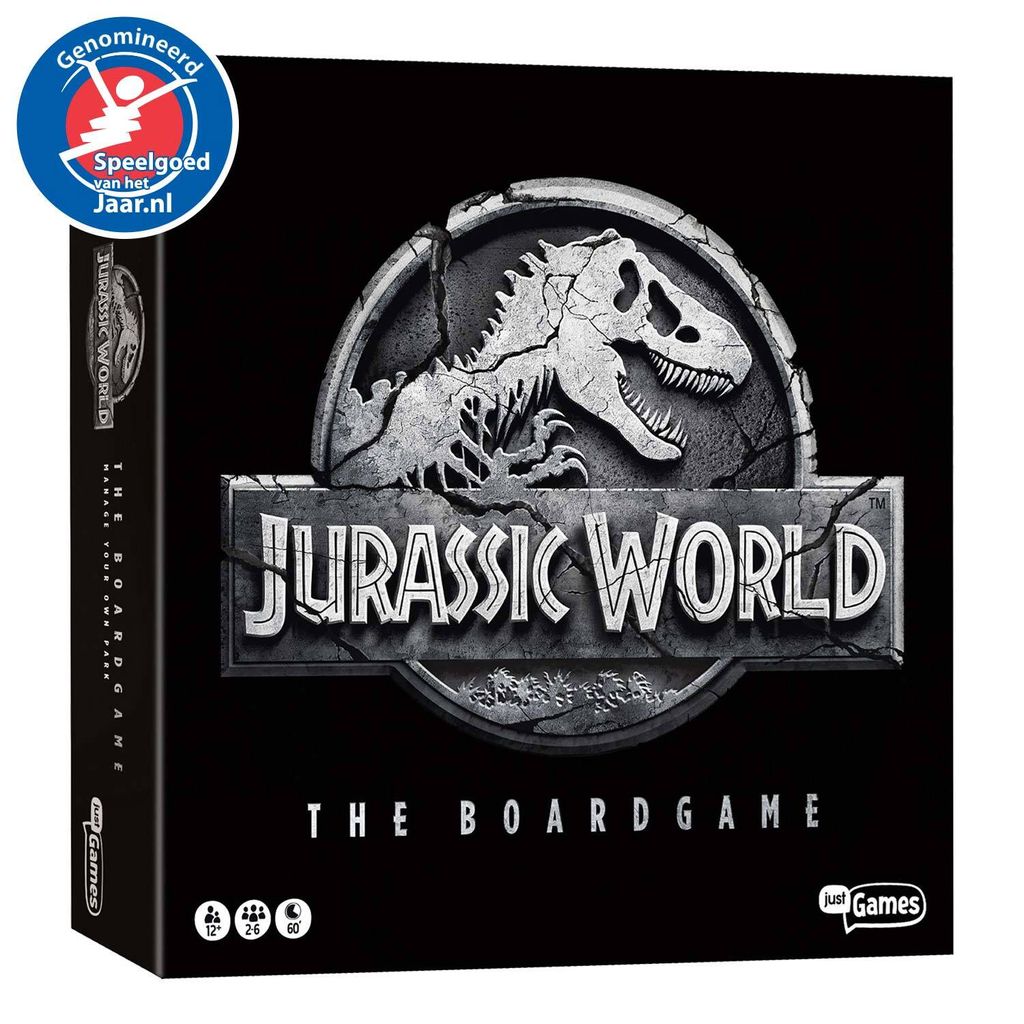 The image shows the front and side of the Jurassic World board game box, with a prominent logo and title.