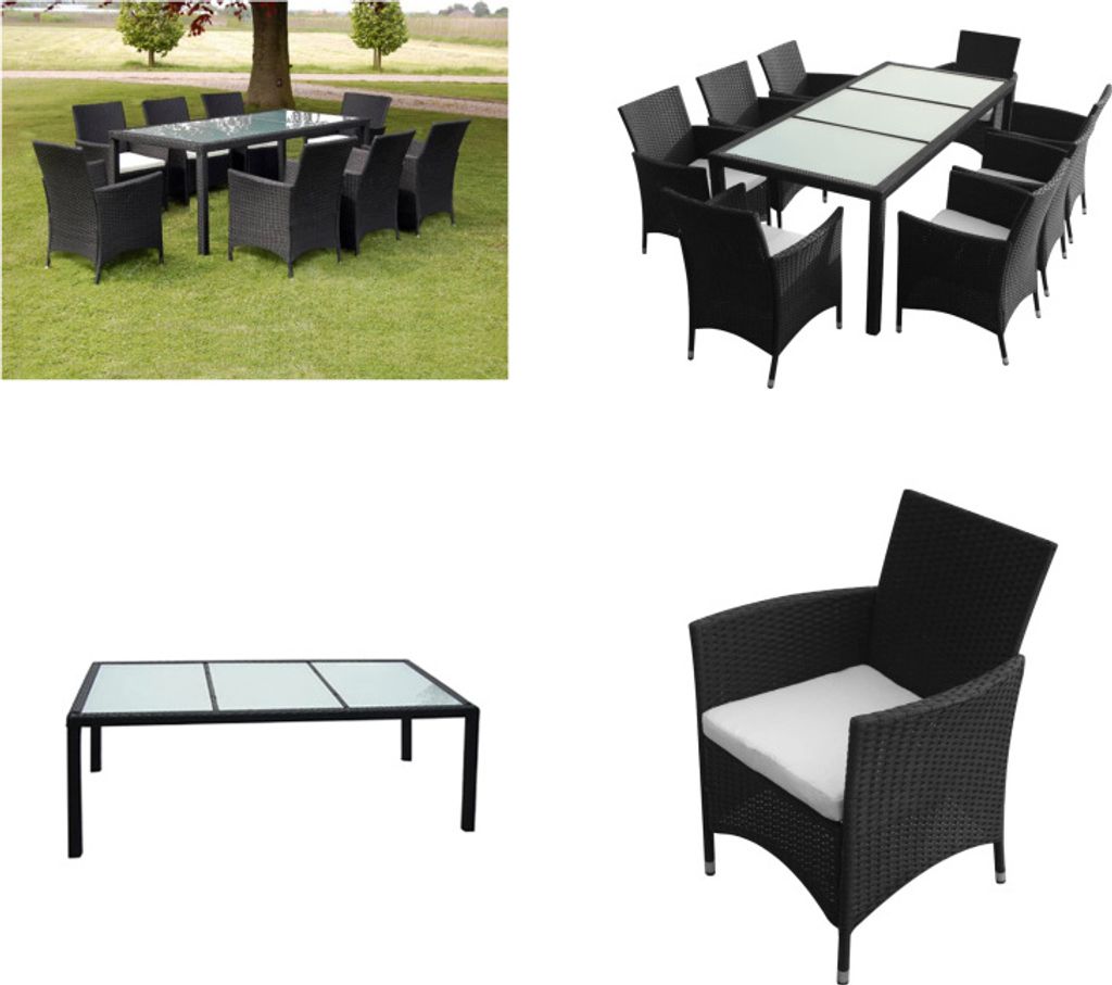 vidaXL 9 tlg. Garten Essgruppe mit Auflagen Poly Rattan Schwarz - Gartenmöbel-Set - Gartenmöbel-Sets - Garten-Essgruppe - Garten-Essgruppen