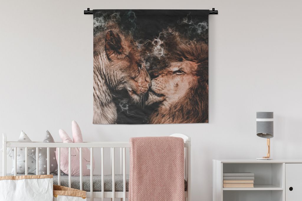 MuchoWow Wandteppich Wandbehang Löwe - Rauchen - Liebe 90x90 cm Tapisserie Dekoration Wandtuch - Wandaufhänger