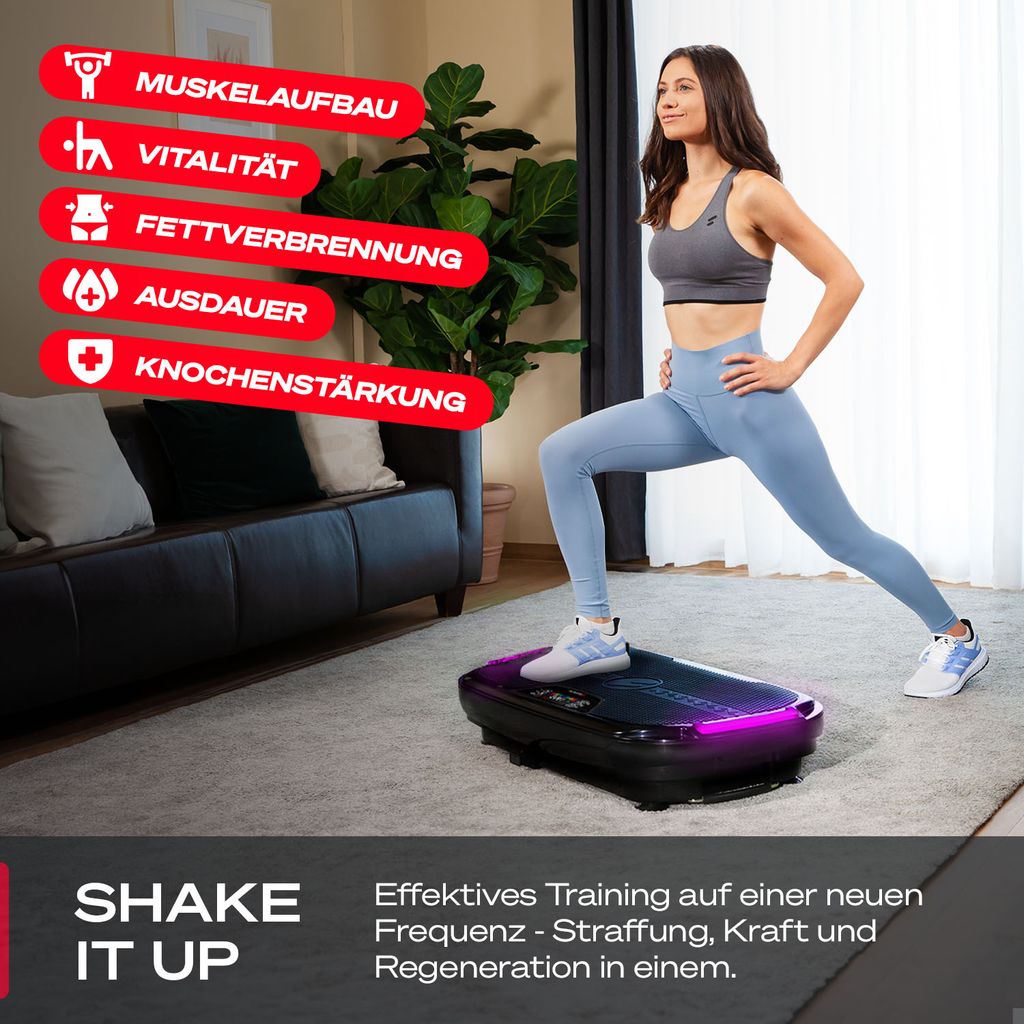 A woman is performing a lunge exercise on a vibrating fitness plate in a living room setting.