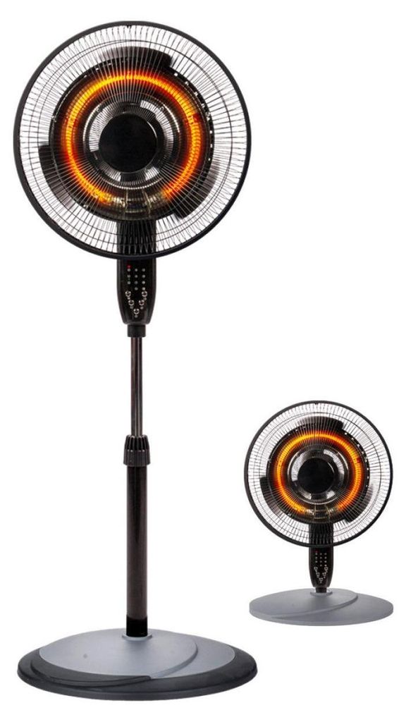 A black and gray electric fan heater with an orange glowing heating element is shown against a white background. A smaller version of the same product is visible in the background.