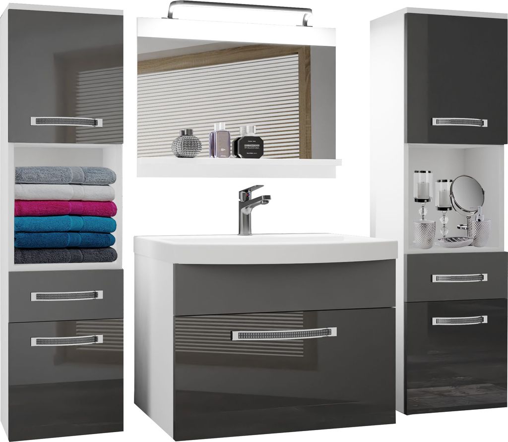 BELINI Badmöbel Vollausstattung Set Waschbeckenschrank, 2x Hochschrank, Waschbecken, Spiegel, Lampe (Grau / Grau, Glänzend und Matt)