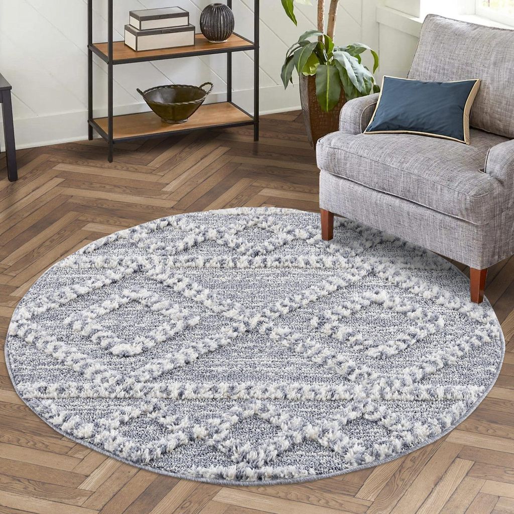 Teppich Hochflor Wohnzimmer - 200 cm Rund - Landhaus Ethno Produktbild 