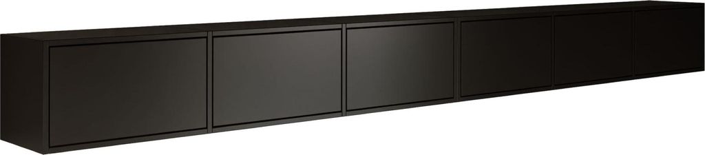 A long, black TV board with four doors is shown against a white background.