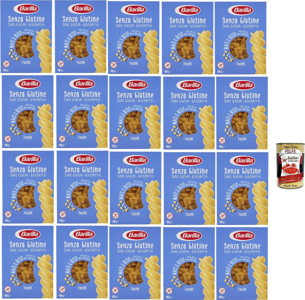 20x Barilla Fusilli 400g senza Glutine Glutenfrei pasta nudeln aus Reis und Mais + Italian Gourmet polpa 400g