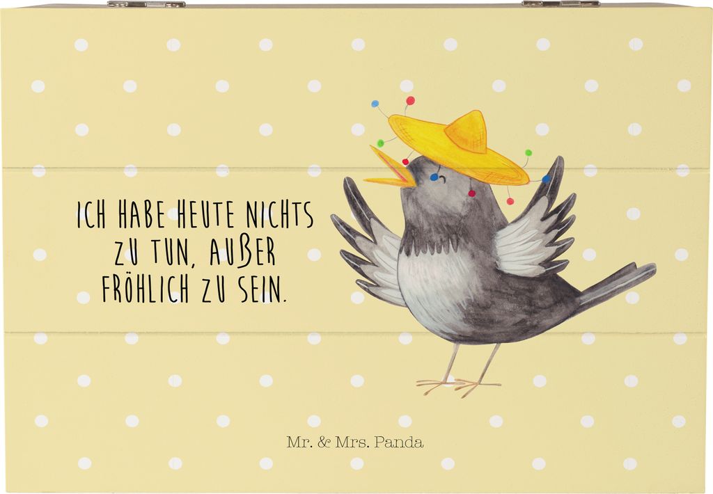 Mr. & Mrs. Panda Holzkiste Rabe Sombrero 22 x 15 cm - Gelb Pastell - Geschenk, Vögel, Spruch Positiv, Vogel, Kiste, schatztruhe, mit Deckel, Lusti...