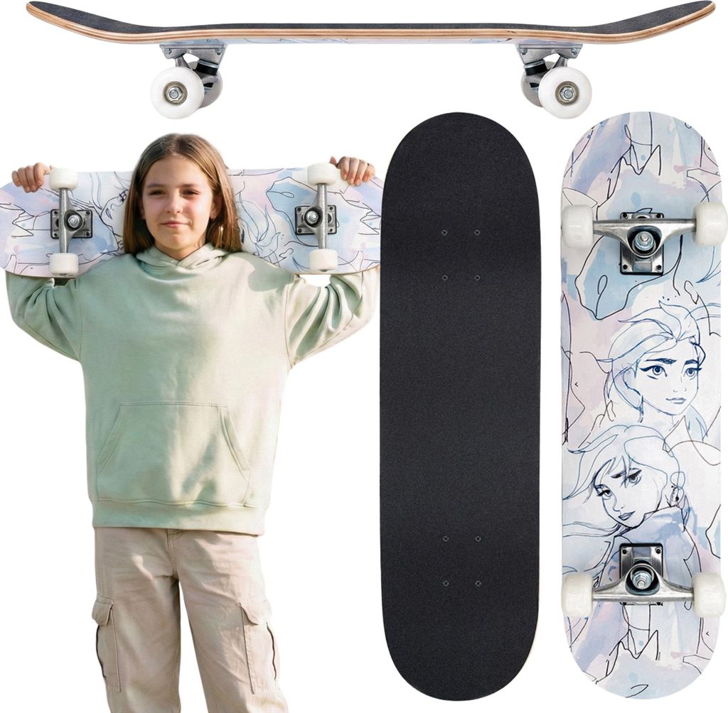 DISNEY Frozen Kinder-Holzskateboard, 79 cm, rutschfestes Deck, bis 80 kg belastbar