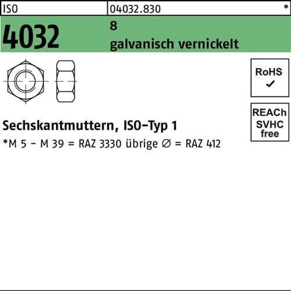 Sechskantmutter ISO 4032 M 3 8 galvanisch vernickelt