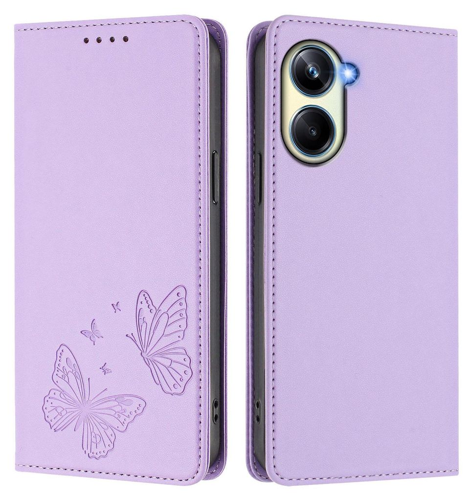 Lederhülle für Realme 10 Pro 5G, Schmetterling Prägung Leder Brieftasche Schutzhülle mit Ständer Violett