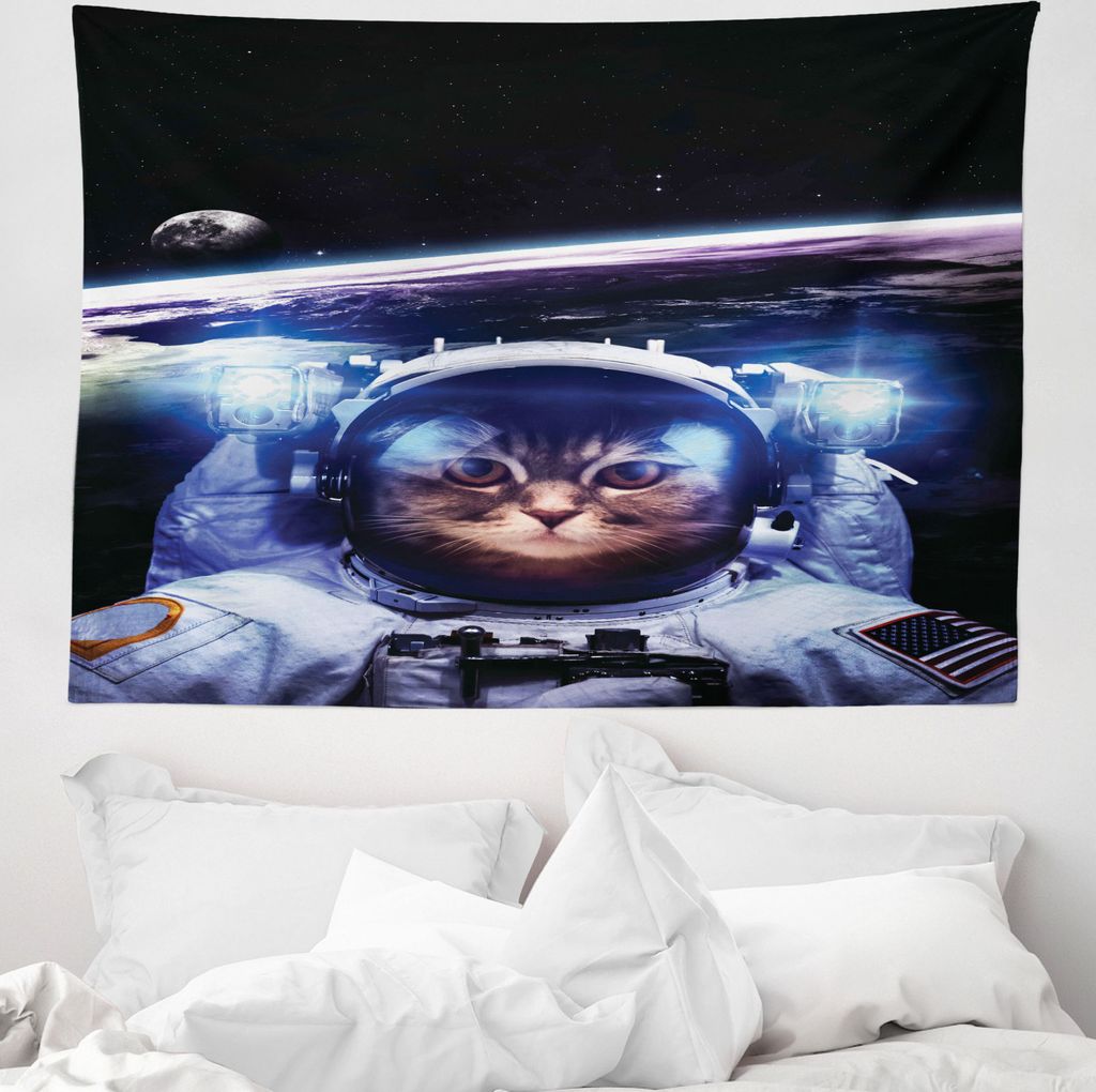 ABAKUHAUS Katzen Wandteppich, Lustige Astronaut Katzen-Stimmung aus Weiches Mikrofaser Stoff Waschbar ohne Verblassen Digitaldruck, 150 x 110 cm, B...