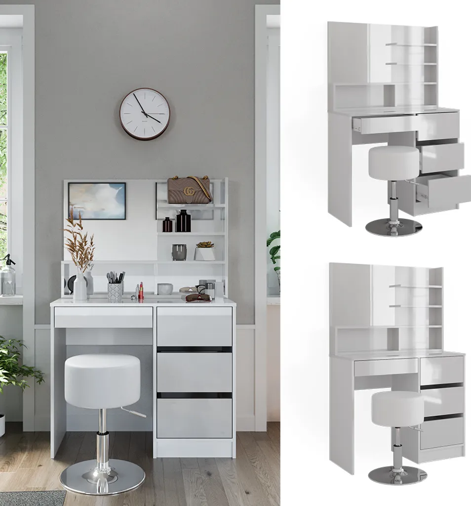 Coiffeuse avec tabouret Vicco meuble de maquillage blanc moderne 90cm - 2