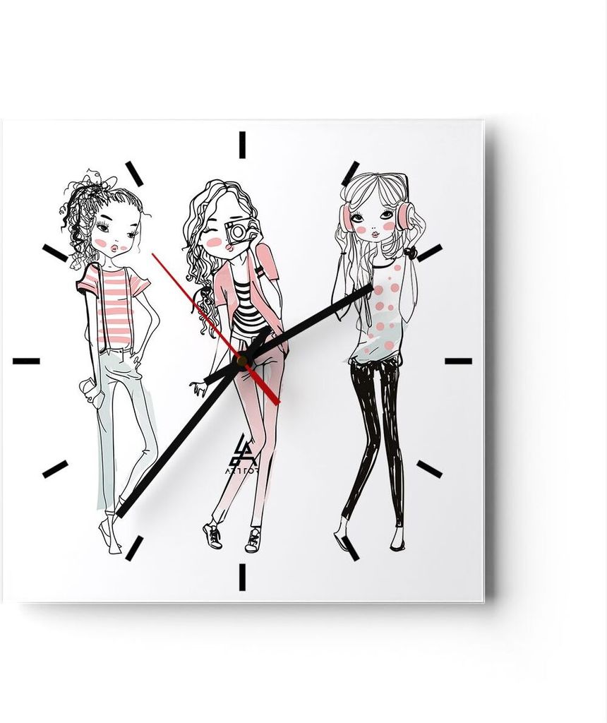 Wanduhr - Quadrat - Glasuhr - Mädchen Mode Trends Treffen - 30x30cm - Schleichendes Uhrwerk - Lautlos - zum Aufhängen bereit - Dekoration Modern ...