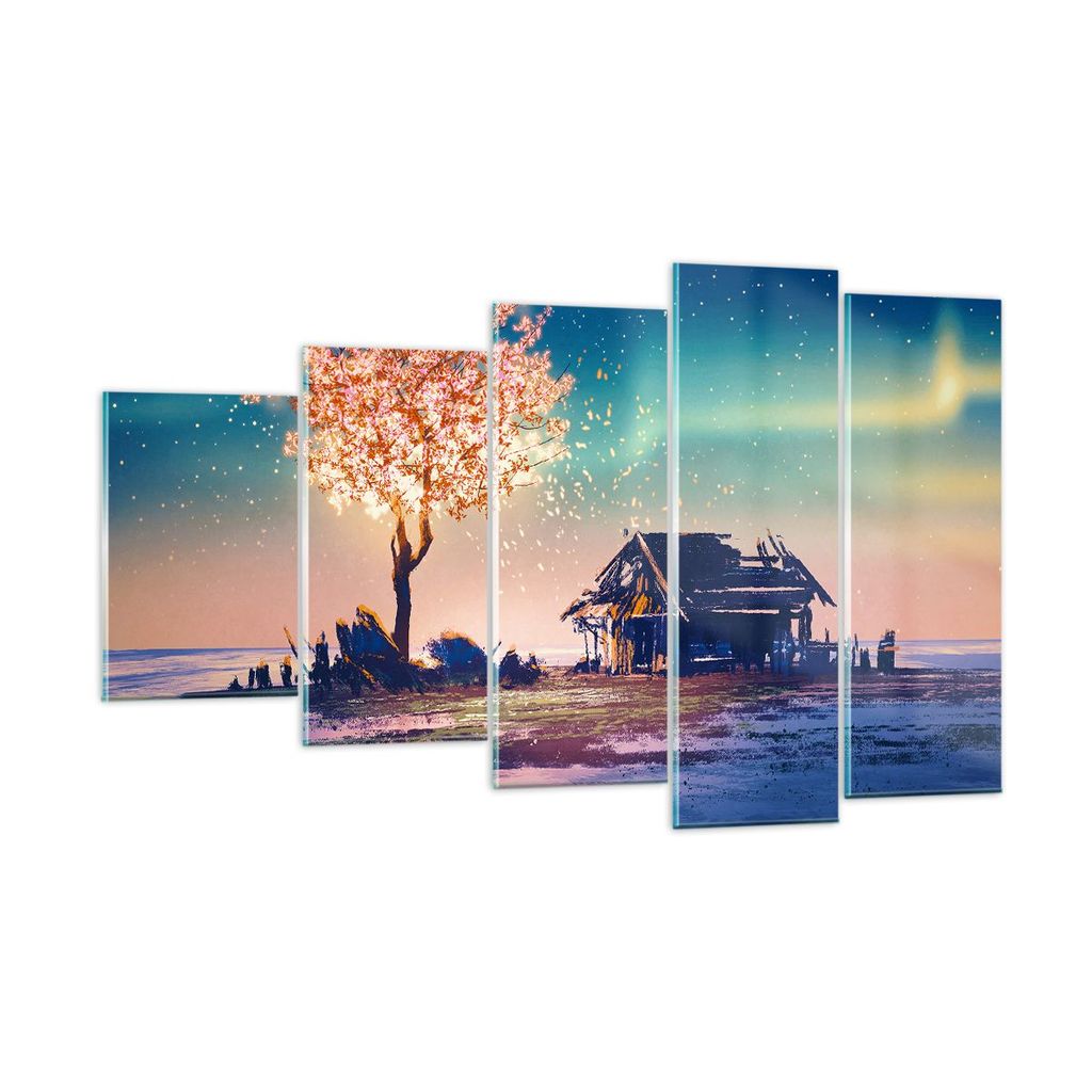 Bilder auf glas - Baum Haus Nacht Sterne - 100x60cm - Glasbilder - Wandbilder - Kunstdruck - zum Aufhängen bereit - Wanddekoration aus Glas - Glas...