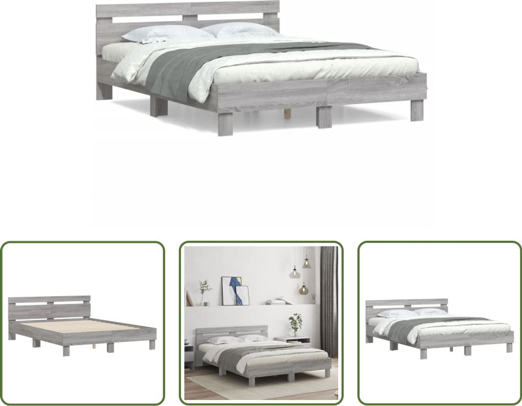 The Living Store Bettgestell mit Kopfteil Grau Sonoma 140x190 cm Holzwerkstoff