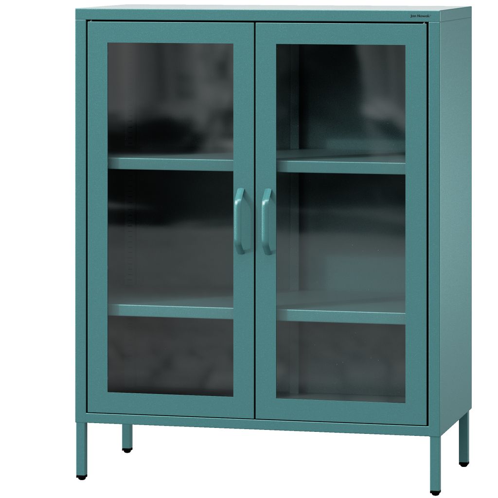 A teal metal cabinet with glass doors.
