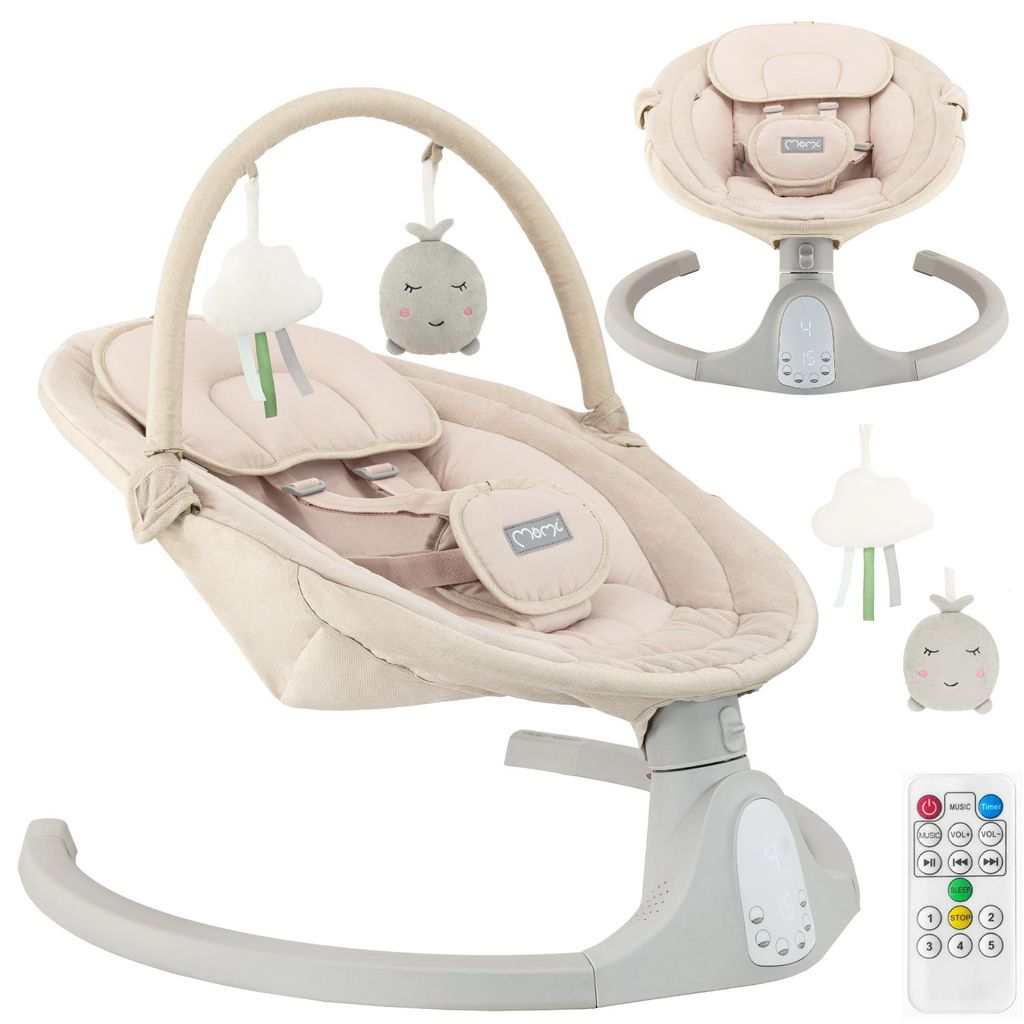 MoMi KENANI SAND – Elektrische Babywippe mit Bluetooth, Fernbedienung, LED-Display & 5 Stufen, inkl. Spielzeug – Beige