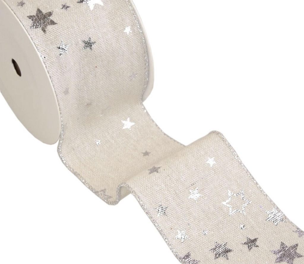Dekoband "Sterne" - mit Drahtkante - ca. 65mm - 10m - col. 01 Natur-Silber - 67801-65-10-01