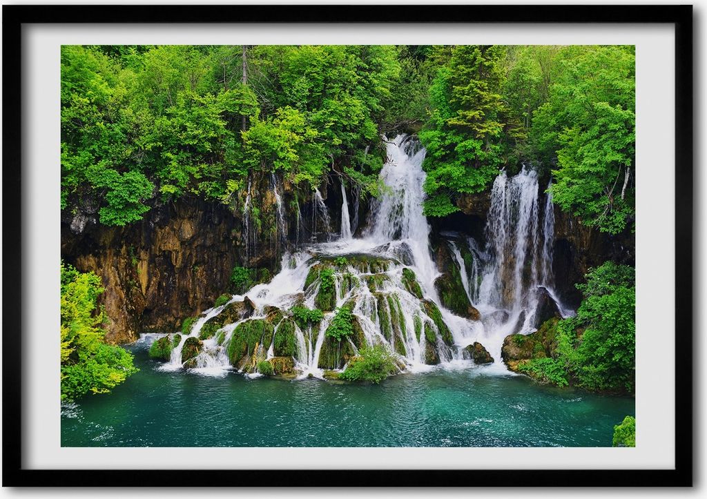 Bild - Bilderrahmen - 100 cm x 70 cm - MDF - Rahmen - Foto - Wandkunst Wasserfall in den Bergen