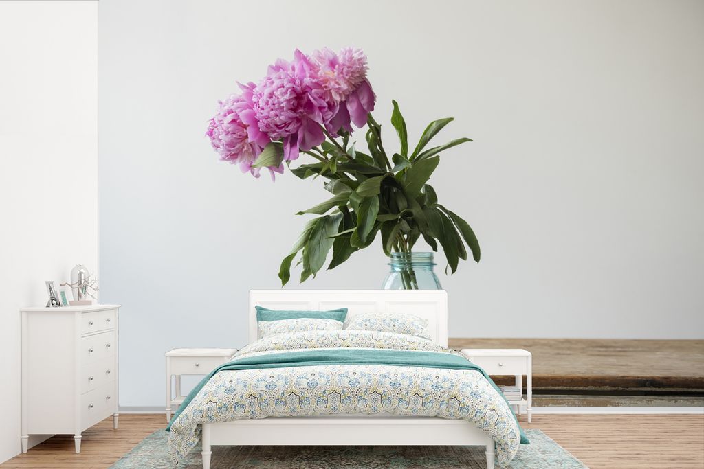 MuchoWow Fototapete für Wohnzimmer oder Schlafzimmer Wandtapete Vinyl Motivtapete Rosa Pfingstrosen in einer blauen Vase - 420x280 cm - Zimmer f...