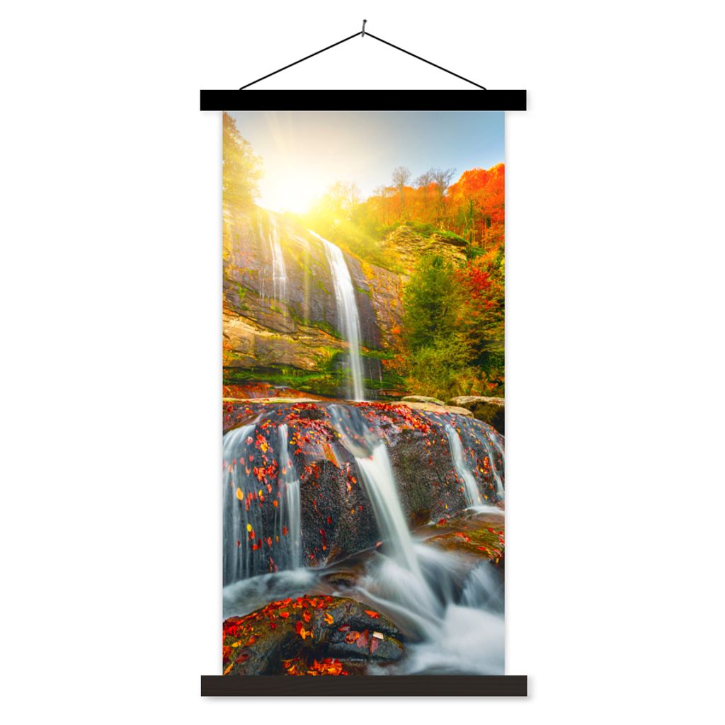 MuchoWow Textilposter Wasserfall - Natur - Herbst - Rot - Wasser 90x180 cm mit schwarzem Rahmen - Dekoration Wohnzimmer