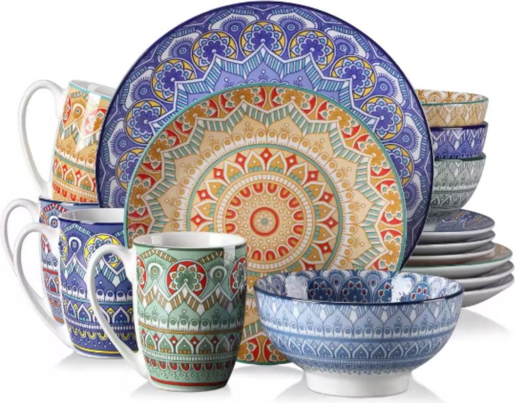 Belviano Serviesset – 16-teilig – 4 Personen – Mix-Farben Keramik – Diner-, Frühstücks- & Tiefe Teller – Küchenservies