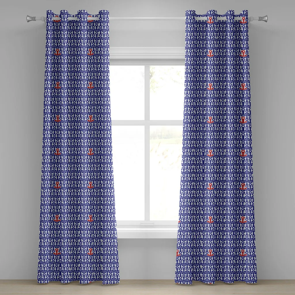 Rideau nautique à œillets design ancres marines bleu et rouge 280x175cm