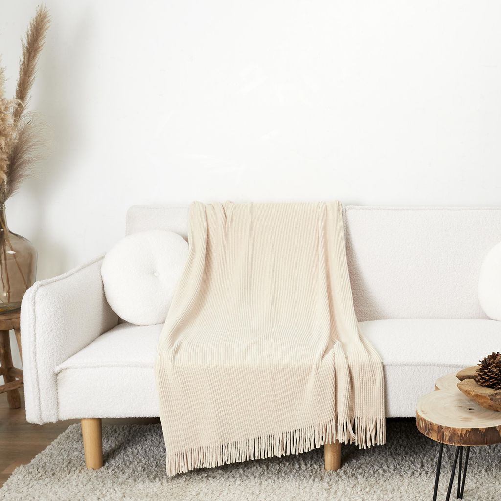 Beige Chenille-Fransendecke 120x150cm
