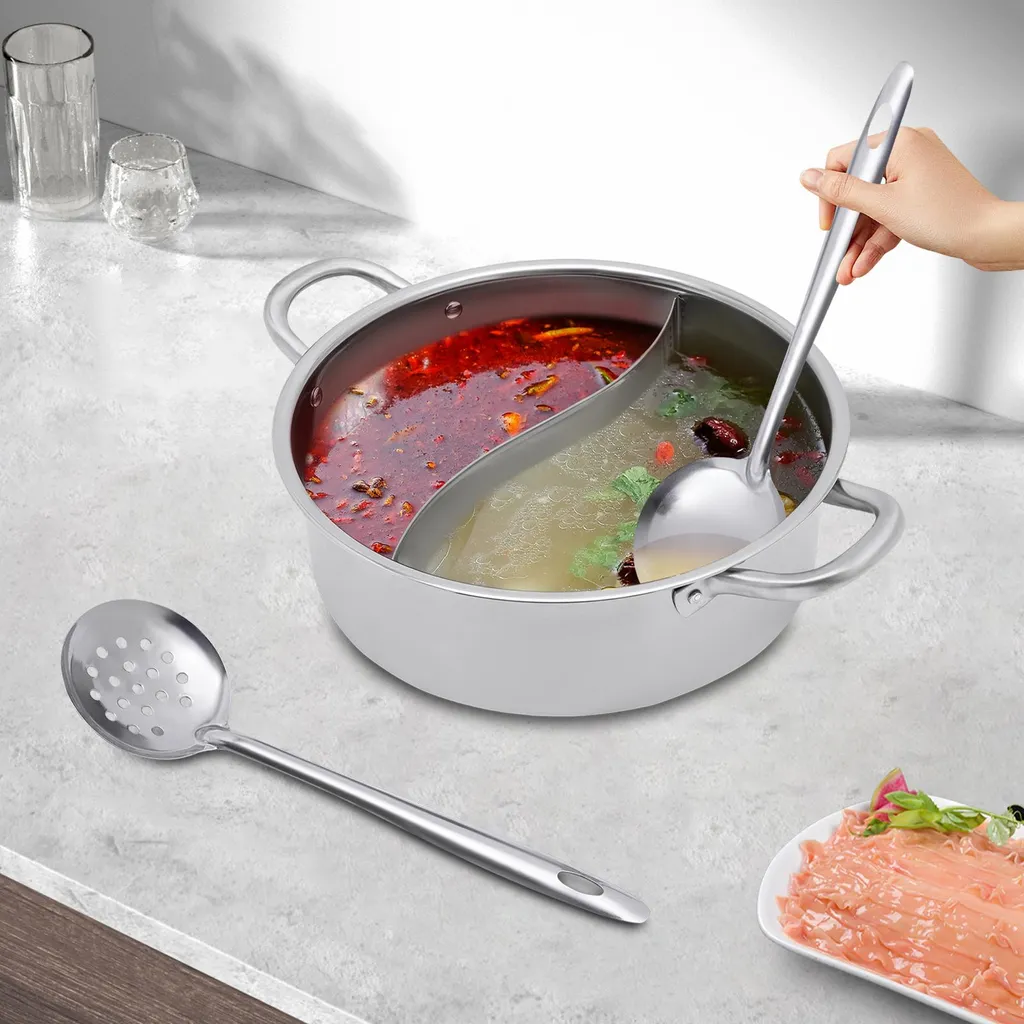 Hot Pot à double compartiment en acier inoxydable argenté - Modèle 32cm - 2