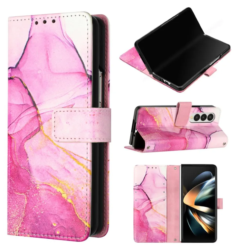 Custodia Galaxy Z Fold4 Marmo Rosa in PU Leather - Stand & Card Holder