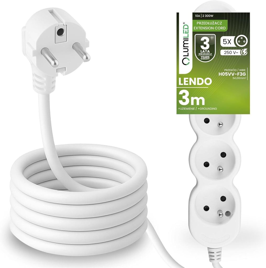 LUMILED Steckdosenleiste5-Fach Steckdose Typ E, 3m Kabel H05VV-F3G, Weiß, Mehrfachsteckdose E Stecker 10A 2300W 250V IP20 Halterung zum Aufhängen
