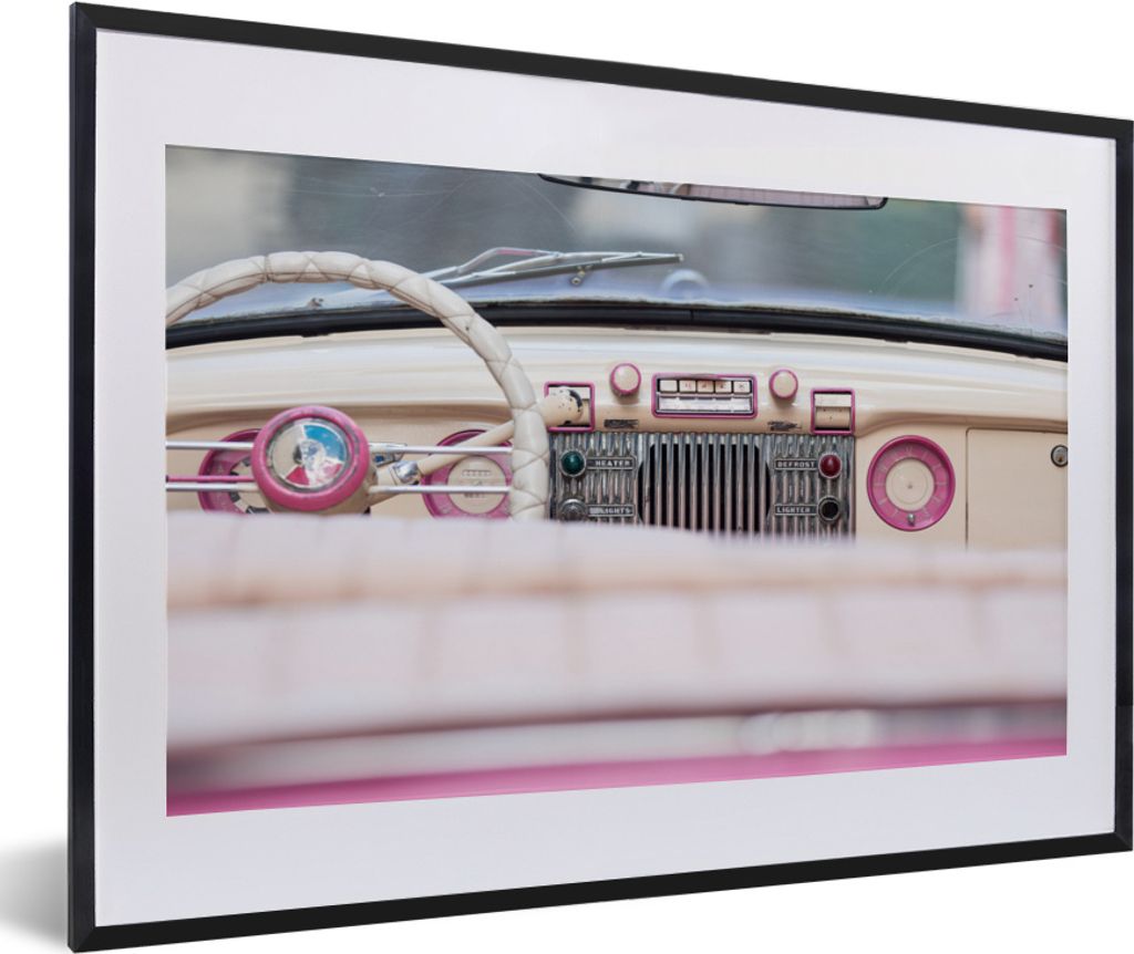 MuchoWow MuchoWow Gerahmtes Poster Auto - Retro - Rosa 60x40 cm - Poster mit zchwarzem Bilderrahmen - Schlafzimmer - Plakat in Rahmen - Drucken