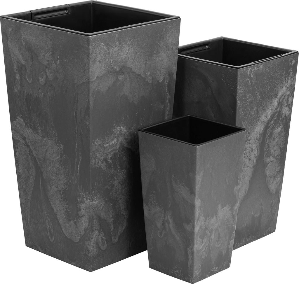 Set 3x Blumentopf H 37 / 42 / 45 cm Hohes Trapez Grau Beton Struktur Blumenkübel Kunststoff Pflanzeinsatz Quadrat