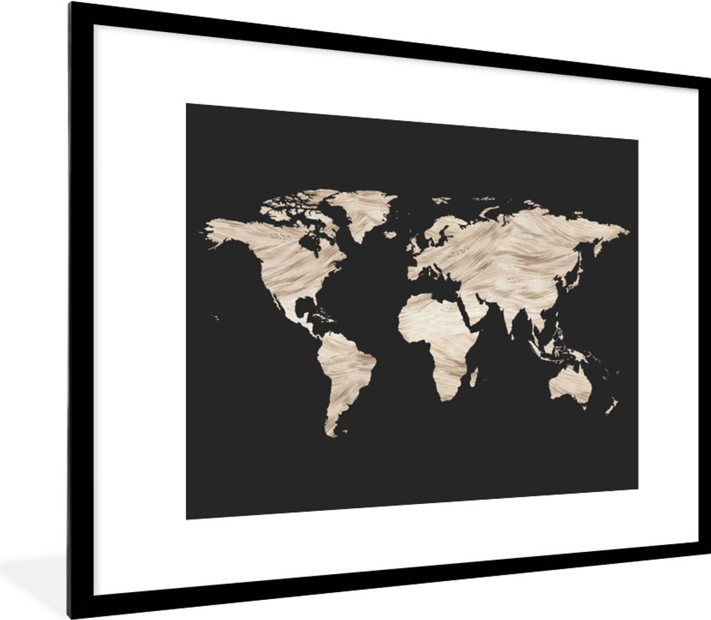 MuchoWow Gerahmtes Poster Weltkarte - Beige - Schwarz 80x60 cm - Poster mit Schwarzem Bilderrahmen Wandposter Rahmen Foto Bilder - Schlafzimmer-D...