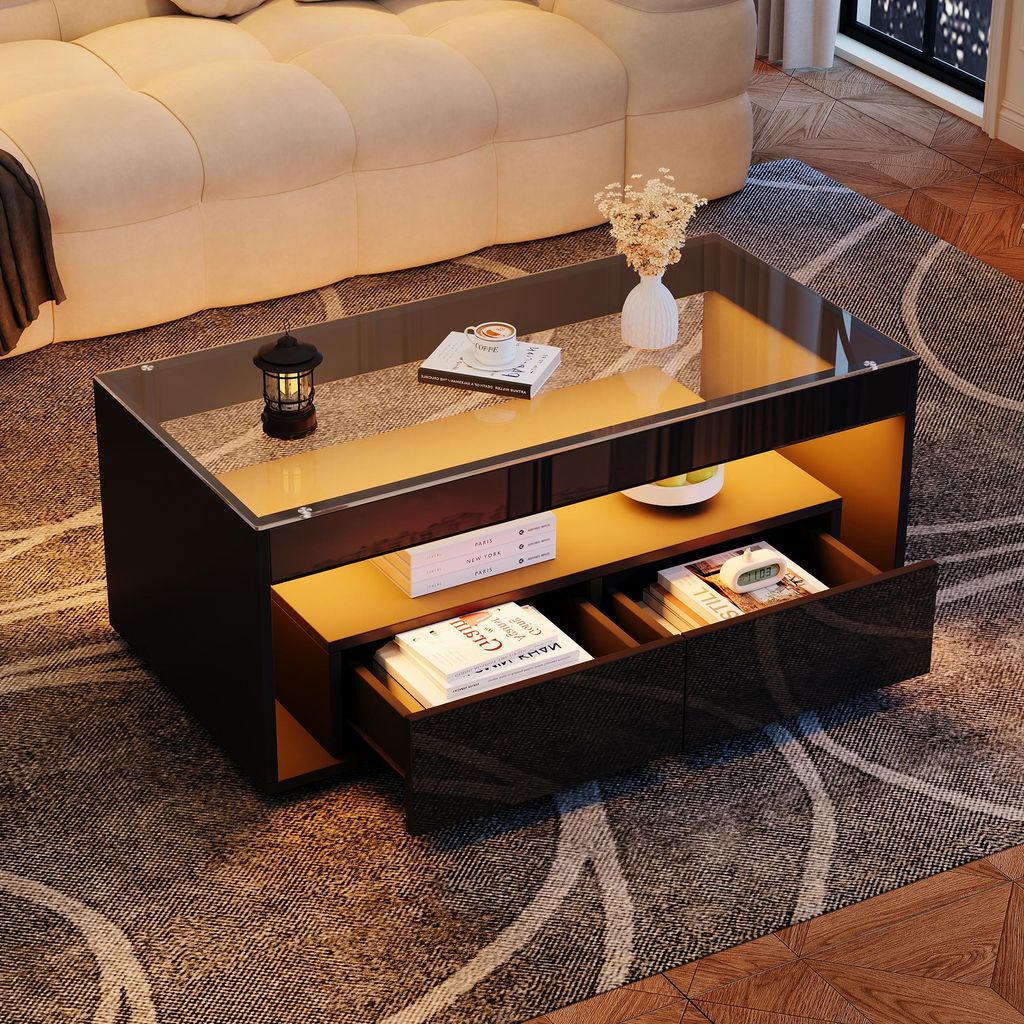 Salontafel 110x50x40 cm, zwart, met een gehard glazen blad, Productafbeelding 