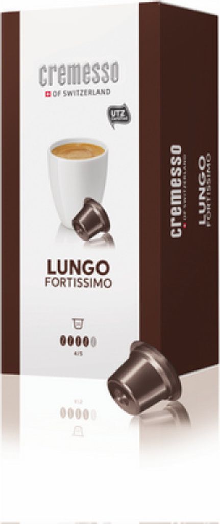 A box of Cremesso coffee capsules with a coffee cup and capsules shown.