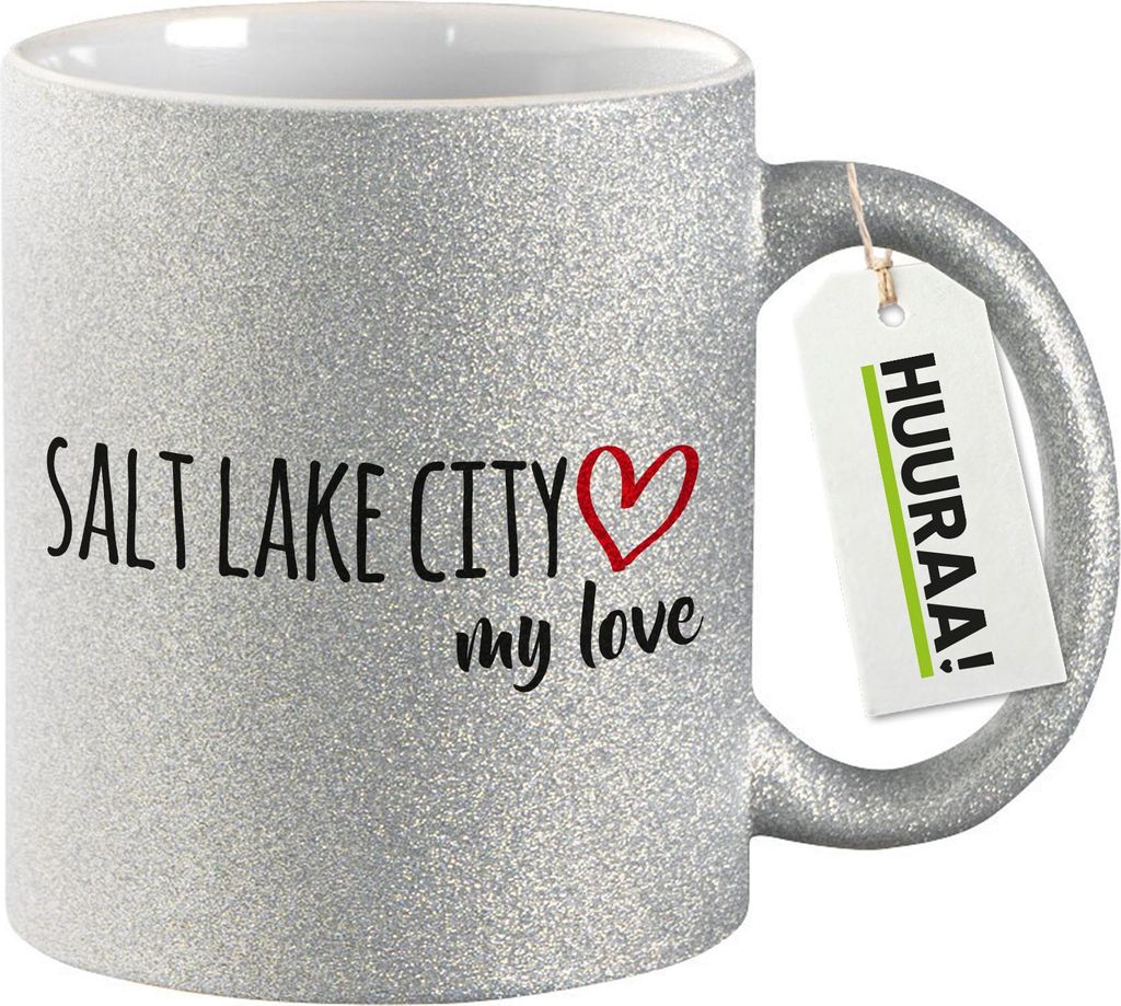 Huuraa Glitzertasse Salt Lake City my love 330ml Silber Keramik Kaffeebecher Geschenkidee