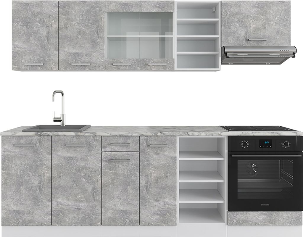 Küchenzeile Vicco R-Line Beton/Weiß 240 cm ohne Arbeitsplatte, Model 37674