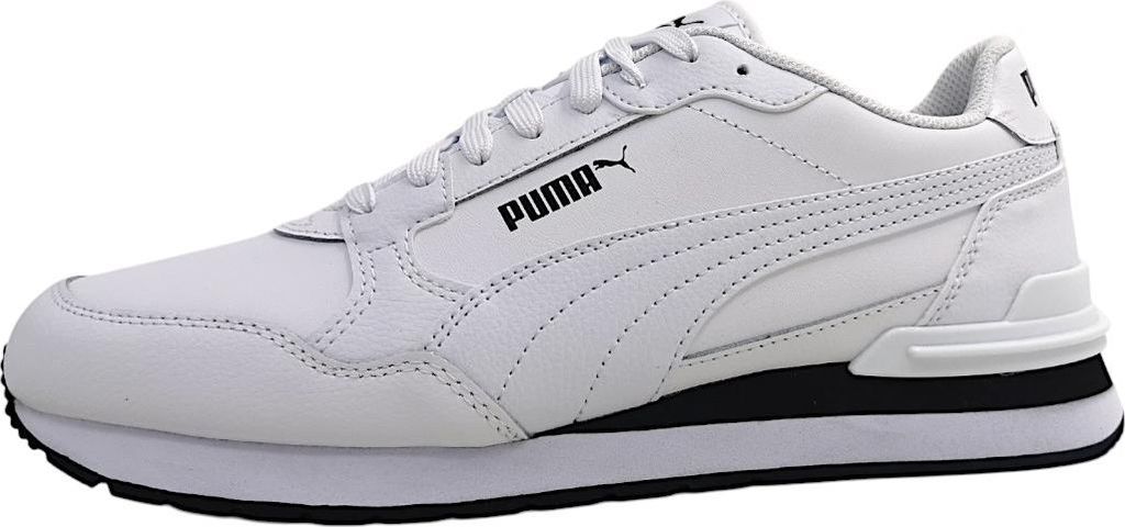 A white Puma sneaker with black accents is shown from the side against a white background.