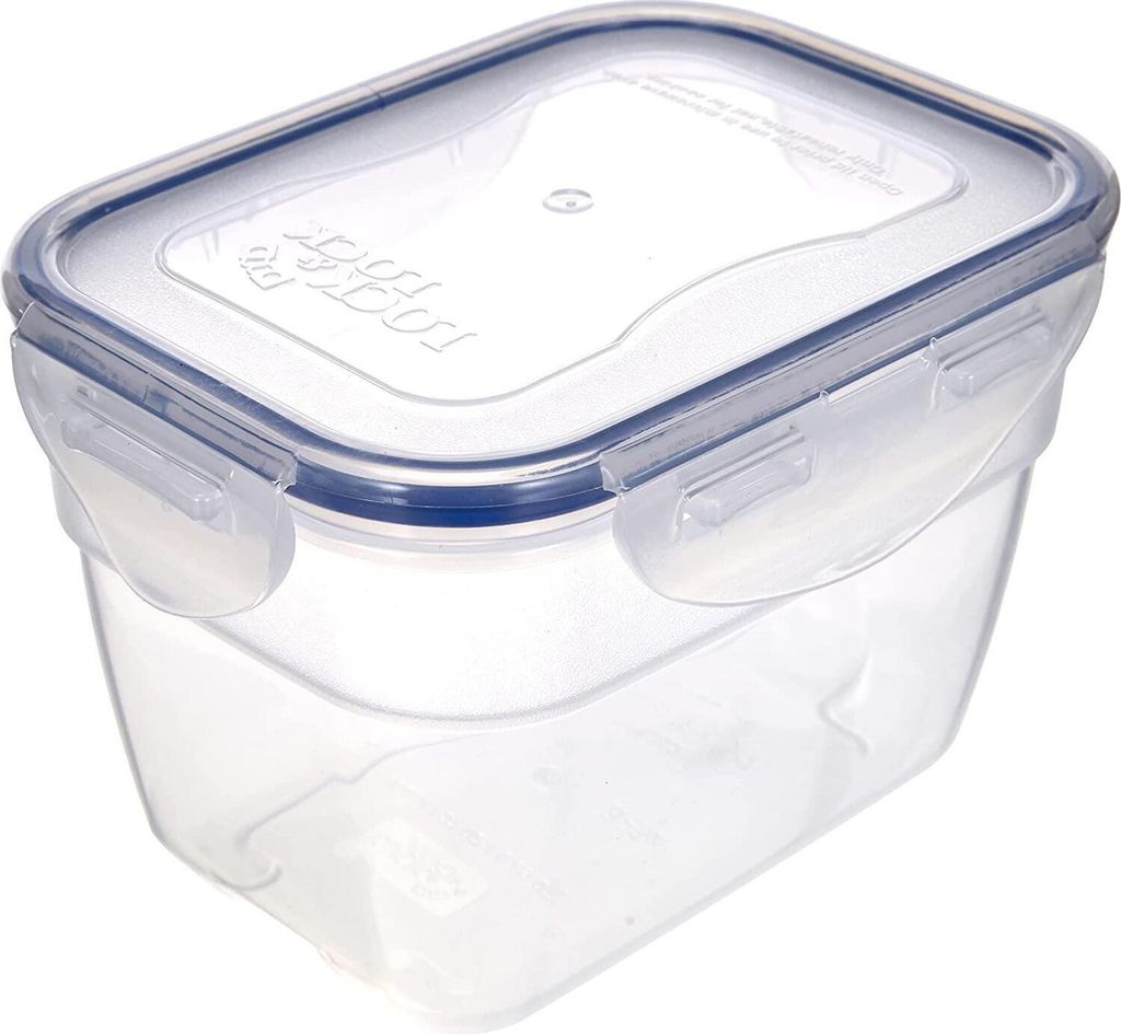 A clear, studio shot of a rectangular transparent food storage container with a blue lid and clear locking clasps, set against a white background.