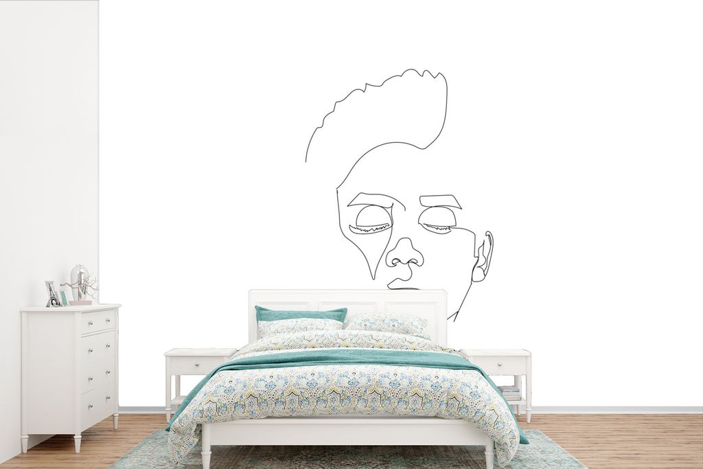 MuchoWow Fototapete für Wohnzimmer oder Schlafzimmer Wandtapete Vinyl Motivtapete Mann - Afro - Strichzeichnung - 450x300 cm - Gemusterte