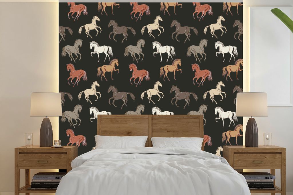 MuchoWow Fototapete für Wohnzimmer oder Schlafzimmer Wandtapete Vinyl Motivtapete Pferde - Schwarz - Muster - Mädchen - Kinder - Mädchen - 240...