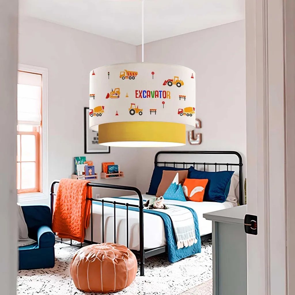 Lampada a sospensione per bambini "Lurgan" regolabile in altezza con motivo di veicoli da costruzione Paralume in tessuto bianco/oro